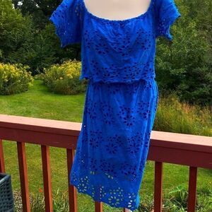 Sugarlips Dress Blue eyelet tiered off shoulder Stretch Cotton  L cobalt blue